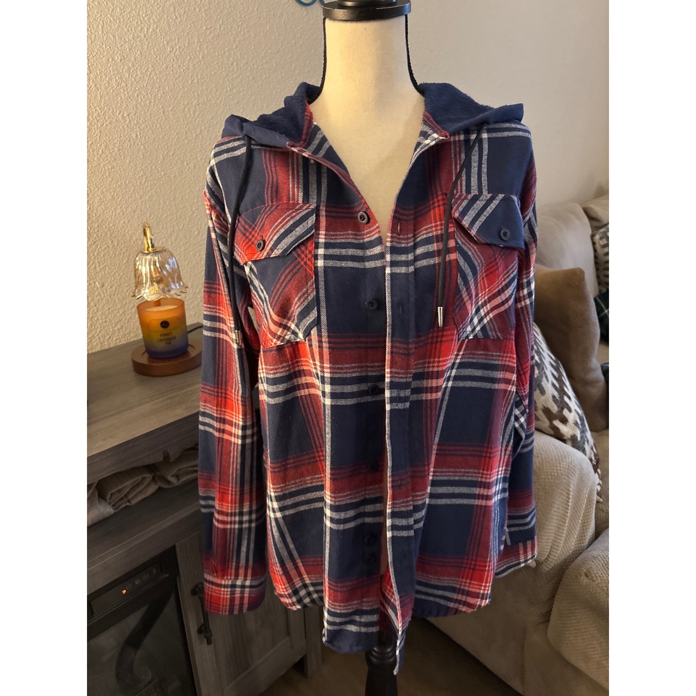 Rewind women's sweater XL button up hooded plaid‎ red blue